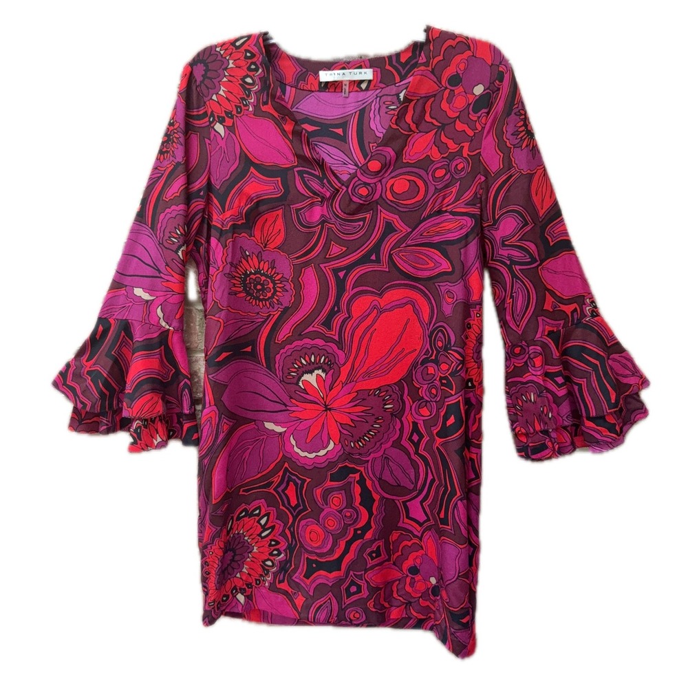 Trina Turk Silk Retro 60s/70s Psychedelic Bell-Sleeve Shift Gogo Dress Medium‎